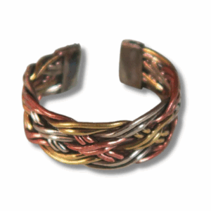 Close-up of an adjustable three-line wrap ring made from mixed metals, showing overlapping bands in gold, copper and silver tones with a textured, handcrafted finish.