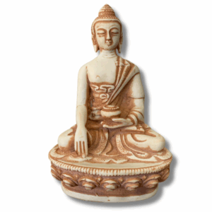 Hand-carved White Tara statue in cream and brown tones, seated in meditation posture holding a bowl, with detailed robes and lotus base.
