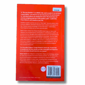 Back cover of “Becoming Buddha” by Robert Sachs with a red background, descriptive text about personal responsibility and Tibetan Buddhist teachings, a price sticker at the top right, and a barcode at the bottom.