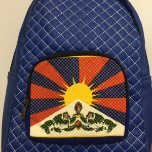 A blue backpack featuring a large zipped front pocket with a Tibetan flag design, two end zips on the main compartment, and a water-resistant inner lining.