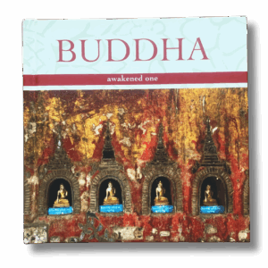 Cover of “Buddha: Awakened One” featuring a row of small golden Buddha statues set within arched niches on a textured red and gold temple wall.