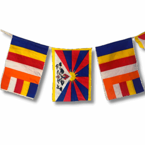 String of Buddhist prayer flags featuring the Tibetan national flag with Snow Lion emblem in the centre, flanked by traditional multicoloured Buddhist flags.