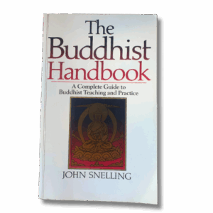 Cover of “The Buddhist Handbook: A Complete Guide to Buddhist Teaching and Practice” by John Snelling, featuring an illustration of the Buddha seated in meditation on a white background.