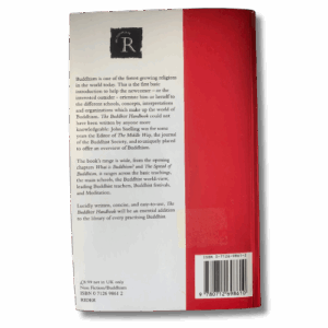 Back cover of “The Buddhist Handbook” by John Snelling with descriptive text about Buddhism, a red vertical panel on the right, Rider publisher logo at the top, and a barcode at the bottom.