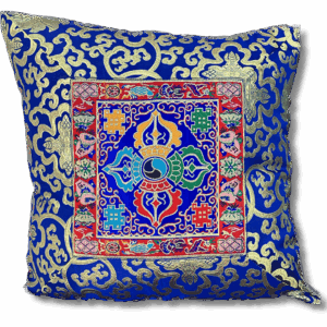 Blue brocade cushion cover featuring a vibrant double dorje symbol in red, green and gold embroidery at the centre, surrounded by ornate gold Tibetan cloud patterns.