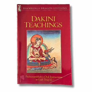 Cover of “Dakini Teachings” (Shambhala Dragon Editions) featuring a traditional Tibetan illustration of a dakini figure seated in meditation on a red background.