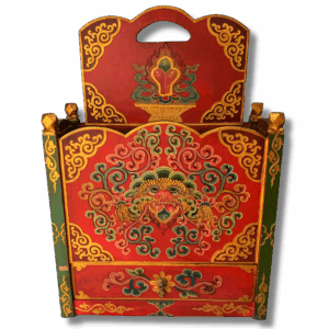 Hand-painted Tibetan wooden storage box with red and green panels, featuring a raised golden dragon face, ornate swirling floral motifs, and a decorative carrying handle at the top.