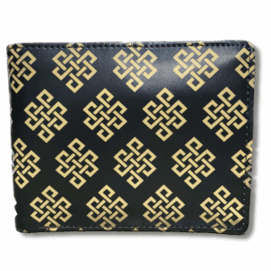 Black wallet with repeating gold Endless Knot symbols, stitched edges, and a compact rectangular design.