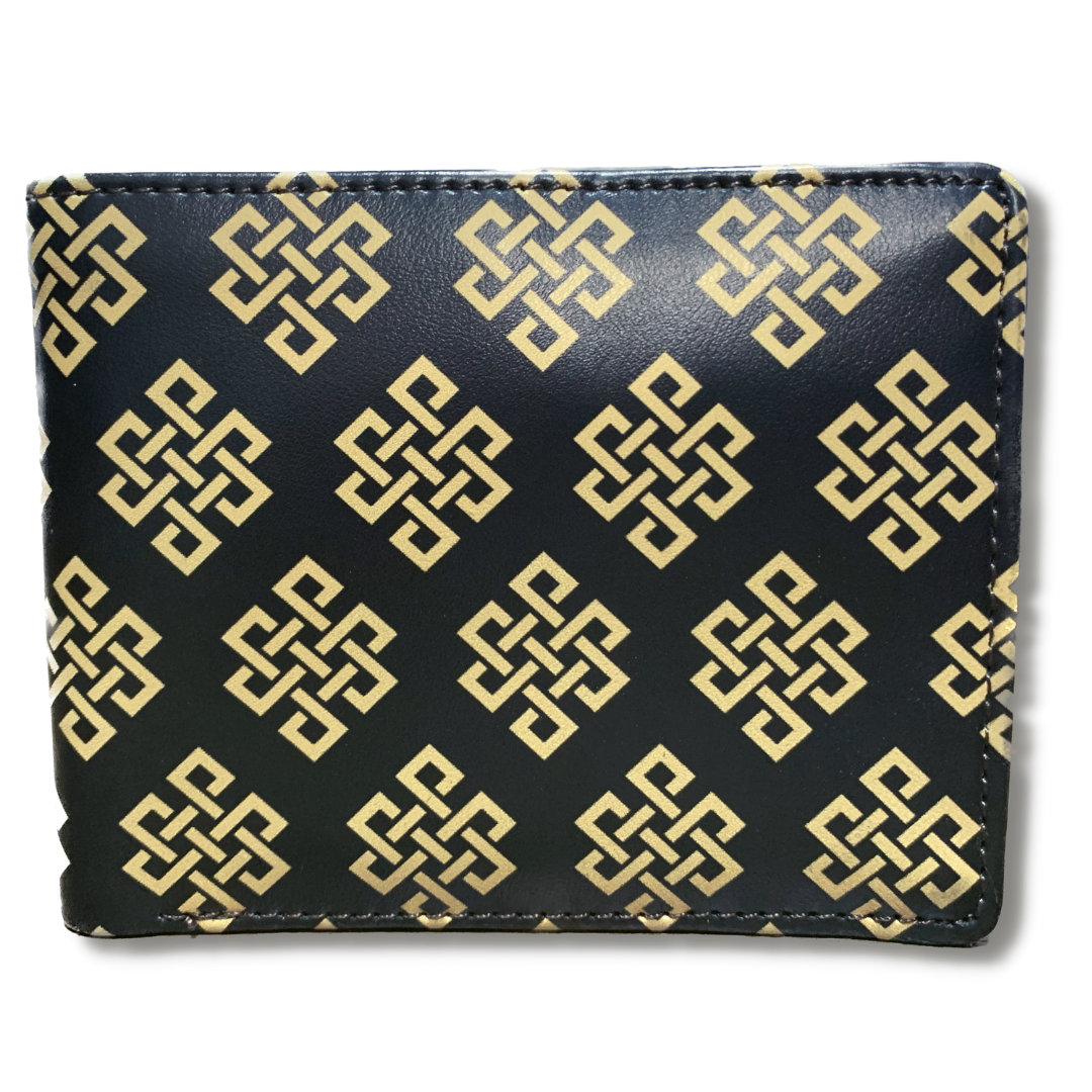 Black wallet with repeating gold Endless Knot symbols, stitched edges, and a compact rectangular design.