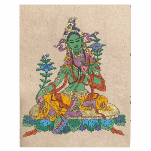 Green Tara deity illustration on handmade Lotka paper, showing the compassionate saviouress seated on a lotus throne holding blue utpala flowers.