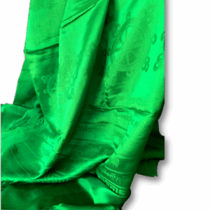 Green Tibetan khata offering scarf woven with subtle auspicious symbols and mantra patterns, traditionally used for blessings, ceremonies and welcoming guests.