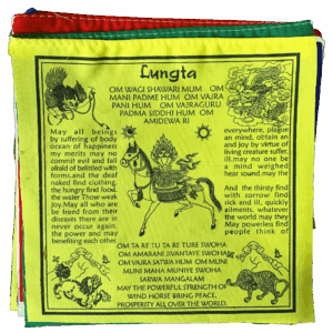 Lungta Wind Horse prayer flag printed in English and Tibetan, featuring a central wind horse carrying wish-fulfilling jewels, surrounded by mantras, dragons, tigers, and auspicious symbols.