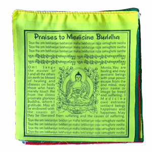 Medicine Buddha prayer flag with English and Tibetan mantra text, featuring an illustrated Medicine Buddha seated on a lotus throne surrounded by healing prayers.
