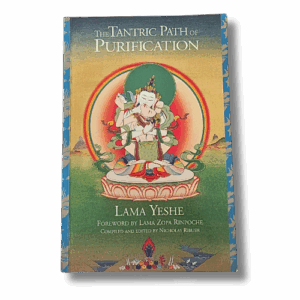 Cover of “The Tantric Path of Purification” by Lama Yeshe, featuring a traditional Tibetan illustration of a deity seated in meditation within a rainbow halo on a gold background.