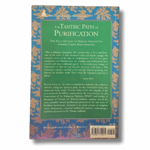 Back cover of “The Tantric Path of Purification” by Lama Yeshe with text about the Vajrasattva yoga method, set on a blue patterned background with a green central panel and a barcode at the bottom.