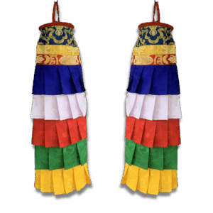 Pair of Tibetan hanging galjin ornaments made from layered ruffled silk in blue, yellow, red, white and green, with gold brocade tops and red hanging loops.