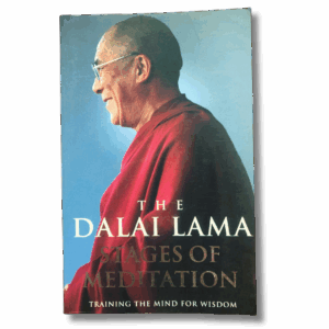 Cover of “Stages of Meditation: Training the Mind for Wisdom” by the Dalai Lama, featuring a side-profile portrait of the Dalai Lama in red robes against a blue background.