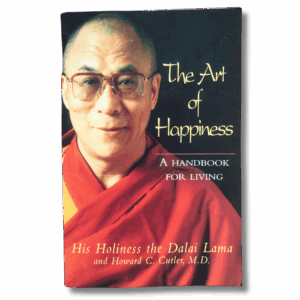 Cover of “The Art of Happiness: A Handbook for Living” by His Holiness the Dalai Lama and Howard C. Cutler, featuring a warm portrait of the Dalai Lama in red robes against a dark background.