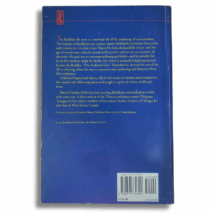 Back cover of “The Awakened One: A Life of the Buddha” by Sherab Chödzin Kohn with text summarizing the Buddha’s life story on a blue background and a barcode at the bottom.