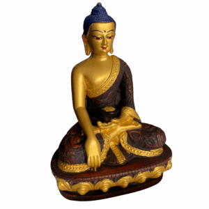 A hand-painted resin statue of Shakyamuni Buddha with a golden detailed robe and a dragon design, seated in a meditation pose.