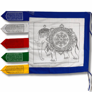 A set of colorful elephant-themed prayer flags with mantras written in Tibetan script, displayed against a white background.