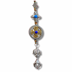 Hanger with Vajra Made from light weight cast metal Hang on your bag, car mirror, door handle or other place.&nbsp; Invoke the feelings of love & compassion and draw wealth & prosperity with this hanger Length: 23 cm Kindly note: due to the handmade nature of this item, individual items may vary