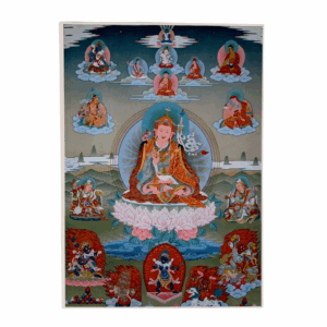 A colorful card featuring artwork with multiple depictions of the Buddhist deity Guru Padmasambhava and other figures in a vibrant, ornate design against a light blue background.