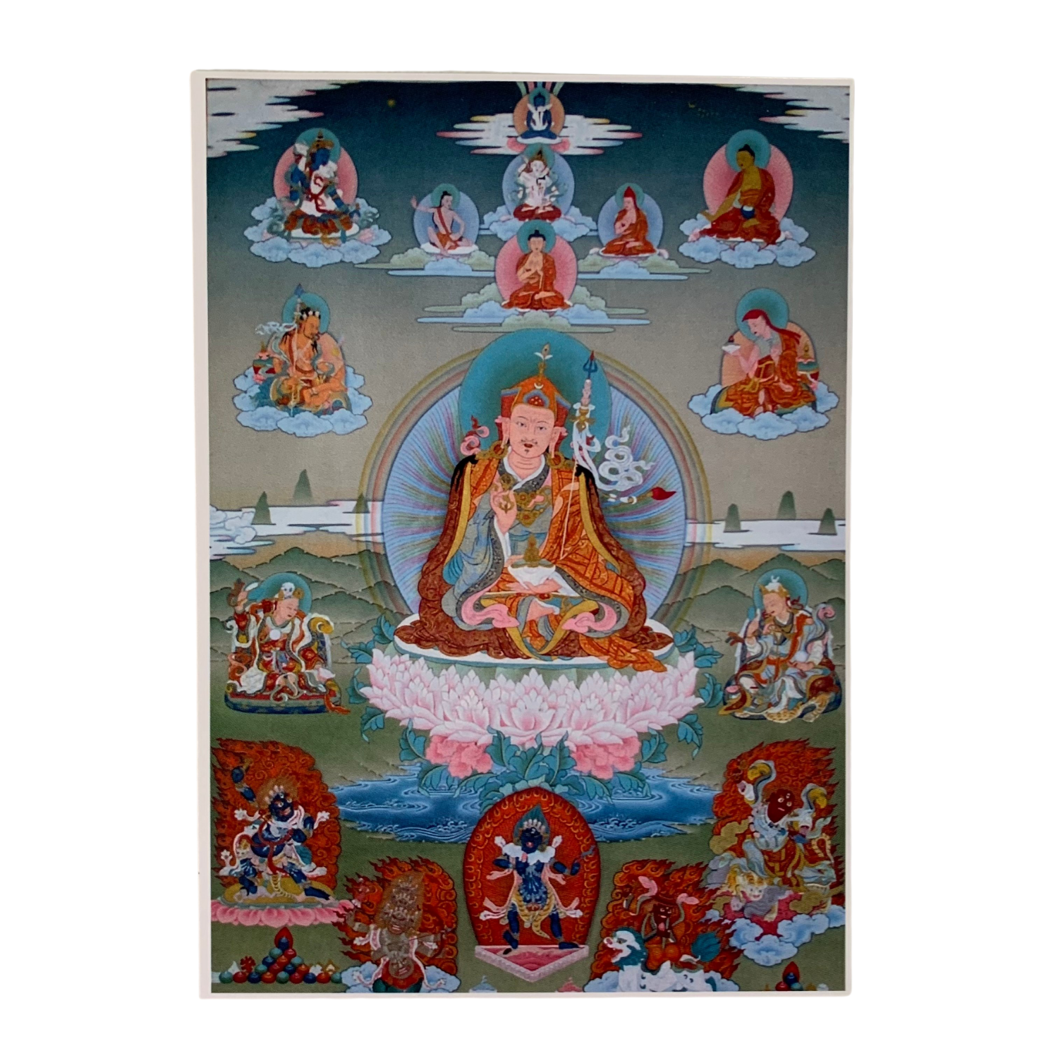 A colorful card featuring artwork with multiple depictions of the Buddhist deity Guru Padmasambhava and other figures in a vibrant, ornate design against a light blue background.