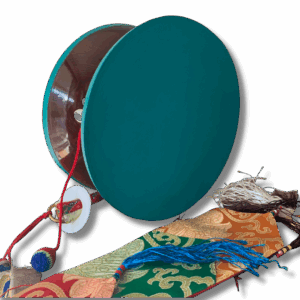Tibetan Chöd hand drum with turquoise-painted sides, red cord handle, and brocade tassels, used in Chöd meditation practice.