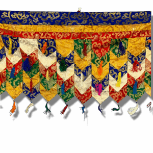 Colourful Tibetan brocade chöpen shambu applique banner with layered silk panels and multicoloured tassels, used for shrine and altar decoration.