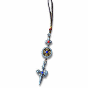 Tibetan ritual dagger (phurba) hanging charm with metal detailing and bead accents, featuring a small dorje symbol and circular medallion, suitable for hanging in cars, bags or sacred spaces.