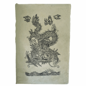 black dragon printed illustration with flowing scales and whiskers on textured cream lokta paper, with clouds and a rising sun motif at the bottom.