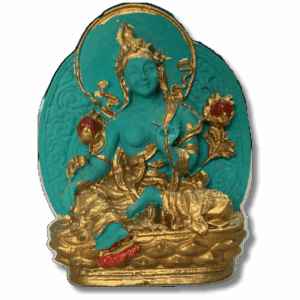 Small turquoise Green Tara tsa-tsa relief statue with gold-painted details, seated on a lotus throne and holding red lotus flowers.
