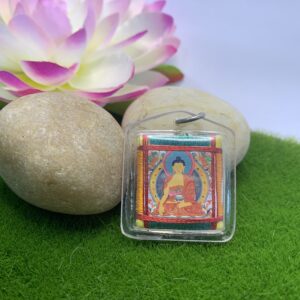 A plastic encased amulet featuring an image of the Buddha Shakyamuni, with a vibrant red and yellow robe, displayed on a green surface next to a rock and a flower.