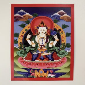 A colorful Tibetan Buddhist deity card featuring the figure of a bodhisattva with many arms, seated on a lotus throne, surrounded by detailed illustrations of nature and celestial bodies.