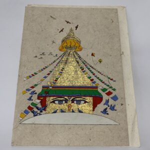 Greeting card featuring a colorful illustration of the Boudhanath Stupa with birds, people, and vibrant colors on a beige background.