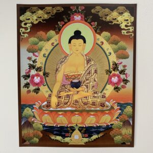 Deity card, with vibrant floral and geometric patterns in the background.A color print of Shakyamuni Buddha on a fine cardboard