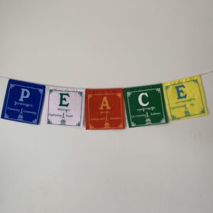A string of colorful prayer flags with the word 'PEACE' written on them in English and Tibetan script, displayed against a plain background.