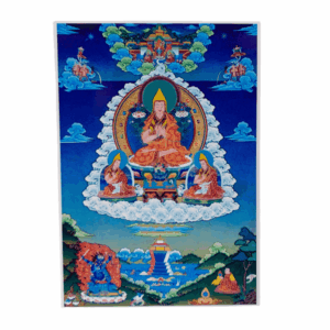 A colorful deity card featuring Lama Tsongkhapa in the center with two disciples on either side, set against a blue background with ornate designs.