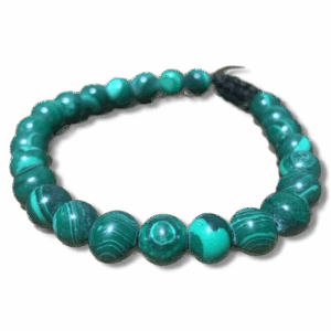 Green malachite wrist mala bracelet made from polished round beads with natural banded patterns, strung on dark cord.