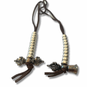 Traditional Tibetan metal mala counter with twin vajra charms, silver-tone beads and leather loop, used for counting mantra recitations during meditation.