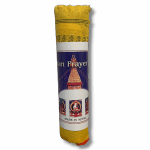 A rolled-up Tibetan prayer flag with yellow, red, and green colors, featuring sacred symbols and mantras.