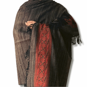 Dark brown and black woven shawl with subtle stripe texture, finished with a bold red geometric border and soft tassel detailing.