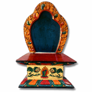 Hand-painted Tibetan wooden altar throne with a red arched backrest, carved gold and green detailing, and a small platform decorated with two snow lions and a flaming jewel motif.