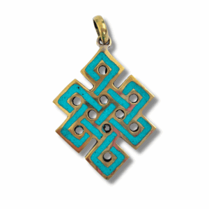 A brass metal pendant with a turquoise colored endless knot design.