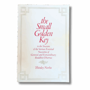 Front cover of the book “The Small Golden Key to the Treasure of the Various Essential Necessities of General and Extraordinary Buddhist Dharma” by Thinley Norbu, featuring red serif text on a white background with a delicate gold geometric border design.