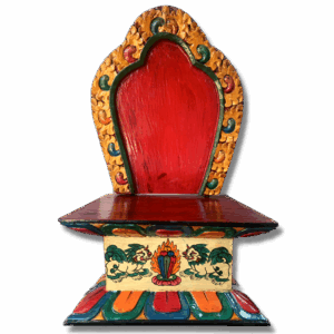 Antique-like wooden statue throne with hand-painted details, featuring Dharma Wheel designs and a wish-fulfilling jewel with snow lions on the back and base.