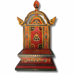 Hand-painted Tibetan style wooden altar throne with ornate arch, flame finial, and traditional red, green and gold detailing, designed to hold a small Buddha or deity statue.
