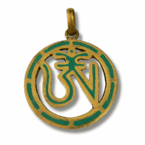 Round Tibetan Om pendant in gold-tone brass with turquoise pigment inlay, featuring the sacred Om symbol as a spiritual talisman.