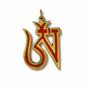 Tibetan Om pendant in gold-tone brass with red colour inlay, featuring the sacred Om symbol used as a spiritual talisman.